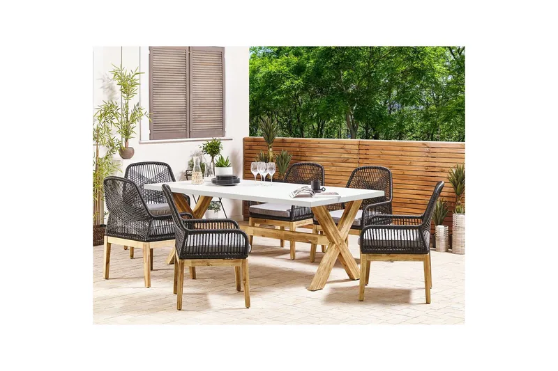 Trädgårdsmöbelset Olbia 6-sits Krämvit/svart/ljust trä - Krämvit/svart/ljust trä - Utemöbler - Utegrupp - Matgrupper utomhus