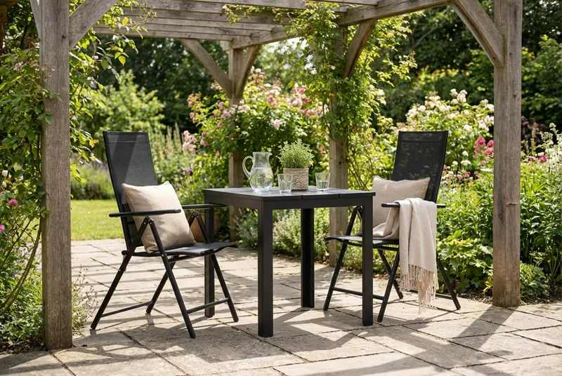 Tunis utomhus caféset 70x70 cm med 2 Sanna positionsstolar - Svart/Svart - Utemöbler - Balkong - Balkongmöbler - Balkonggrupper