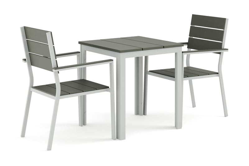 Tunis utomhus caféset 70x70 cm med 2 Tunis stapelstolar, Vit/Grå