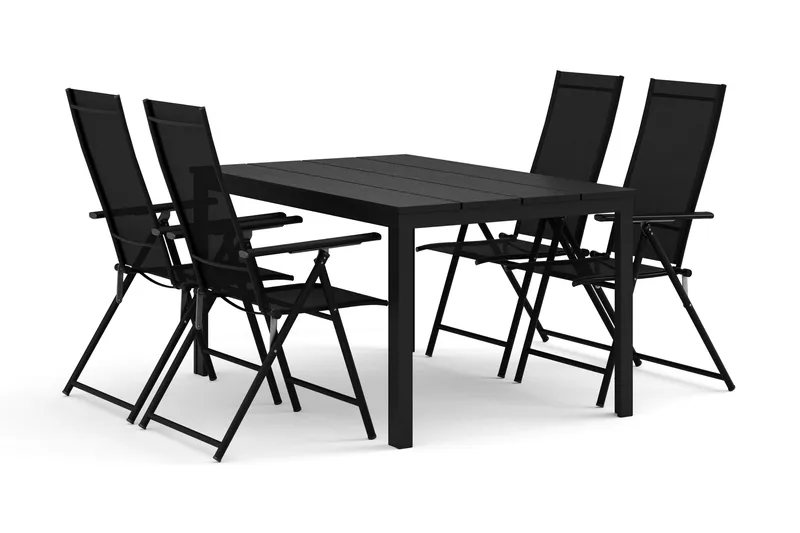 Tunis utomhus matgrupp 140x90 cm med 4 Sanna positionsstolar, Svart/Svart