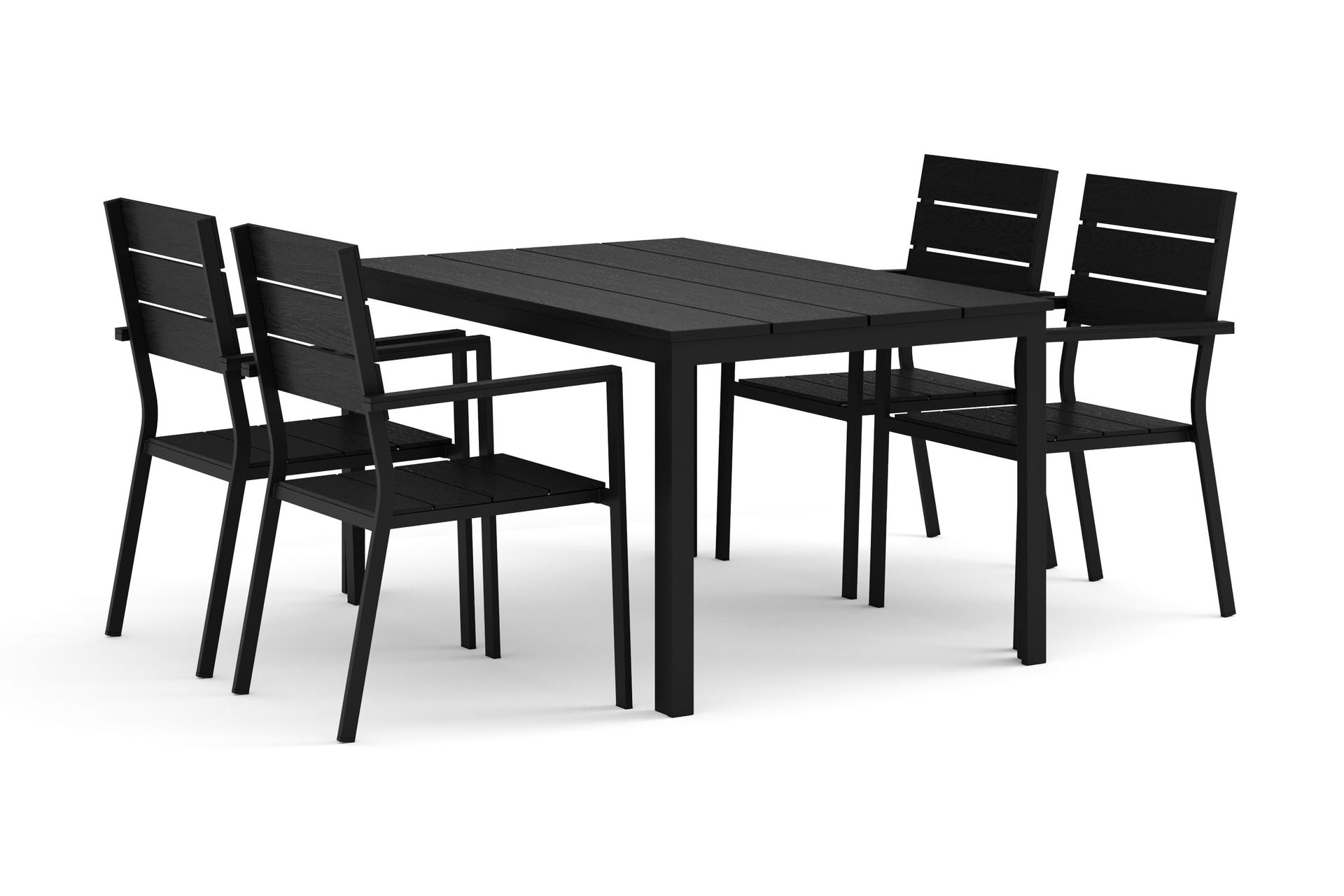 Tunis utomhus matgrupp 140x90 cm med 4 Tunis stapelstolar - Svart/Svart