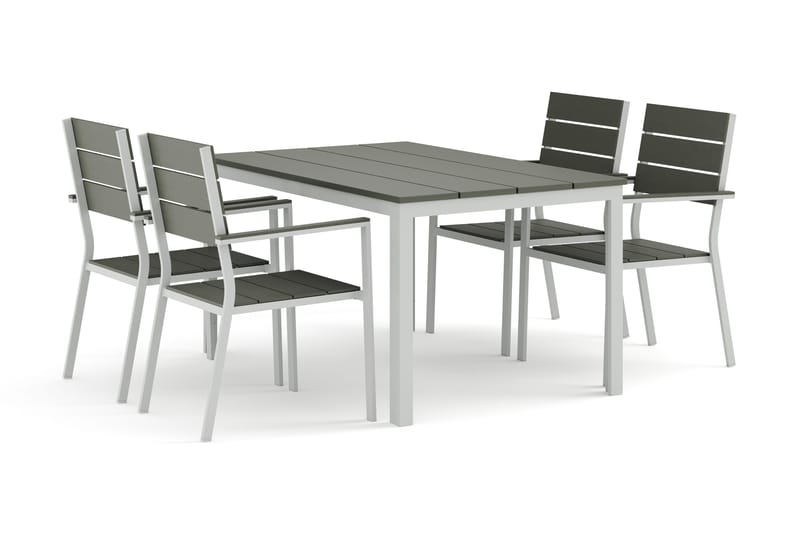 Tunis utomhus matgrupp 140x90 cm med 4 Tunis stapelstolar, Vit/Grå