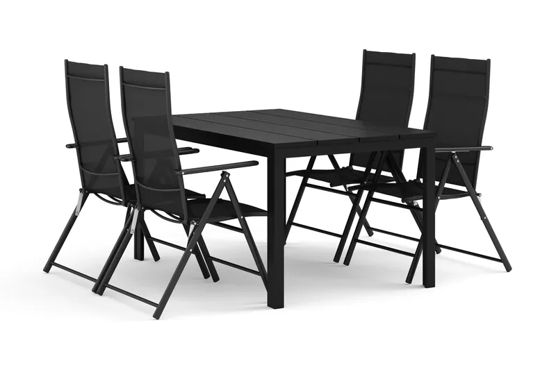 Tunis utomhus matgrupp 140x90 cm med 4 positionsstolar, Svart/Svart