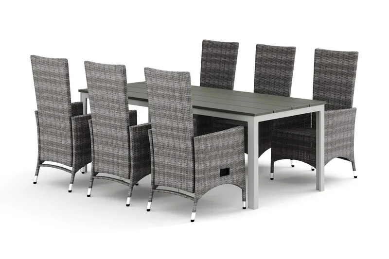Tunis utomhus matgrupp 205x90 cm med 6 Jenny matstolar, Vit/Grå