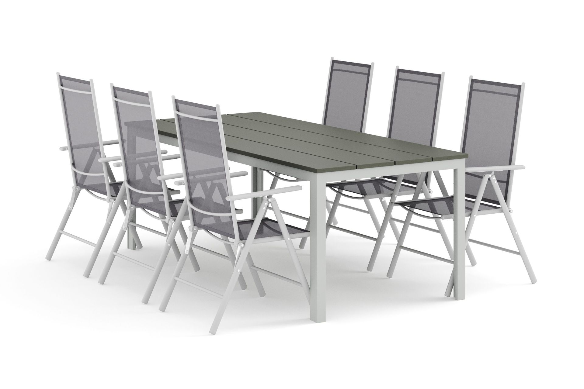 tunis utomhus matgrupp 205x90 cm med 6 maggie positionsstolar - vit/grå