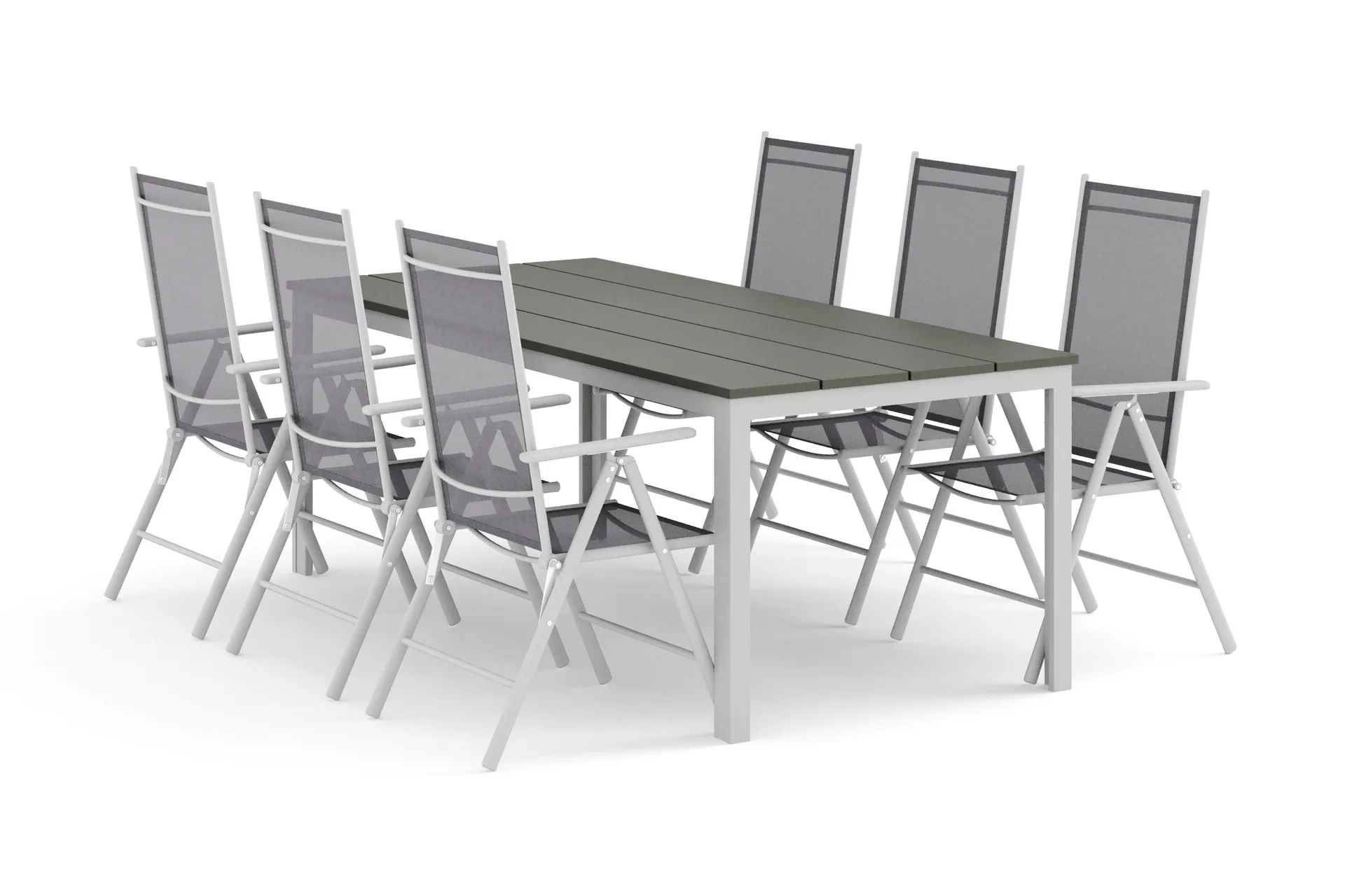 Tunis utomhus matgrupp 205x90 cm med 6 Maggie positionsstolar - Vit/Gr&aring;