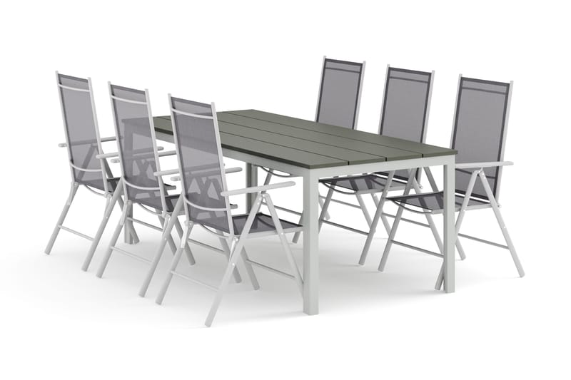 Tunis utomhus matgrupp 205x90 cm med 6 Maggie positionsstolar, Vit/Grå