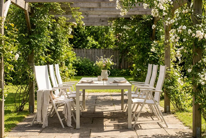 Tunis utomhus matgrupp 205x90 cm med 6 Sanna positionsstolar - Beige/Beige - Utemöbler - Utegrupp - Matgrupper utomhus