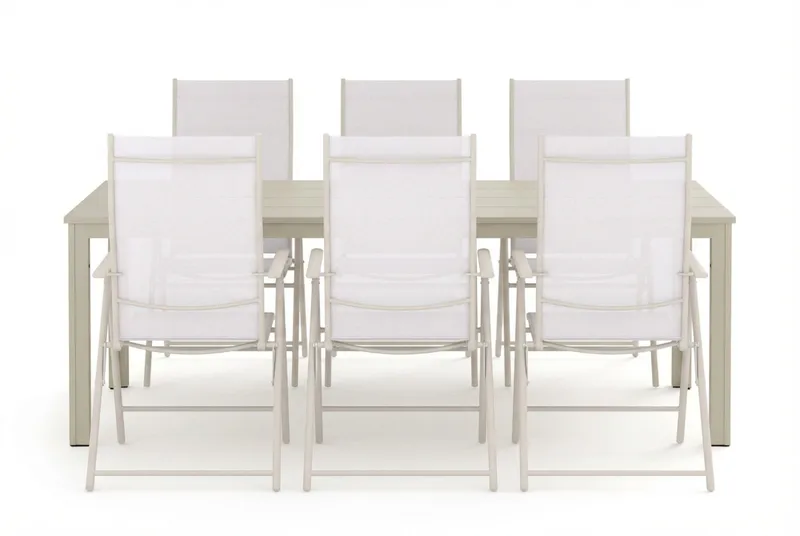 Tunis utomhus matgrupp 205x90 cm med 6 Sanna positionsstolar - Beige/Beige - Utemöbler - Utegrupp - Matgrupper utomhus