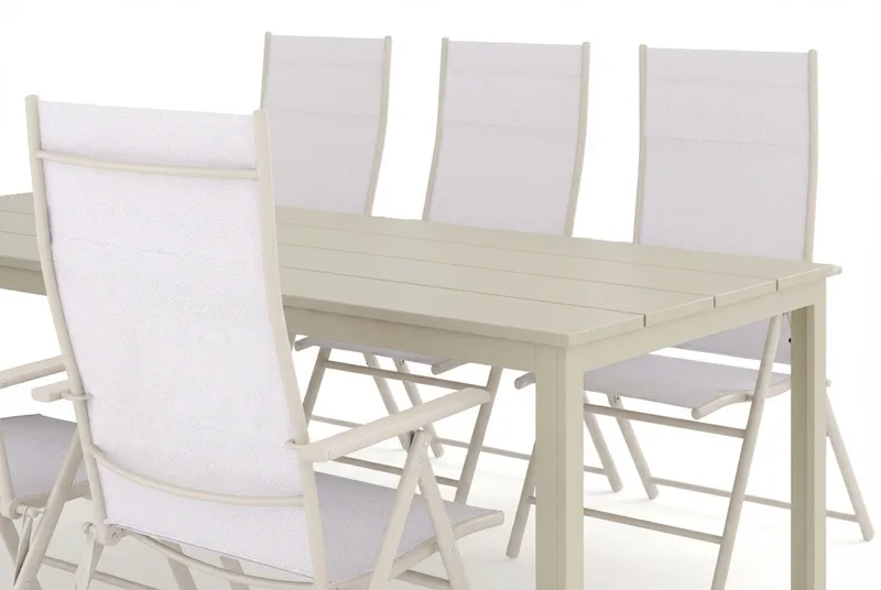 Tunis utomhus matgrupp 205x90 cm med 6 Sanna positionsstolar - Beige/Beige - Utemöbler - Utegrupp - Matgrupper utomhus