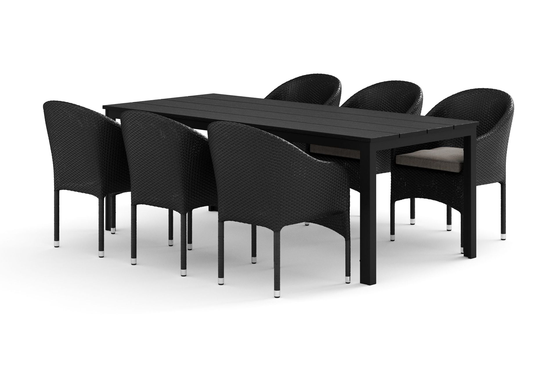 Tunis utomhus matgrupp 205x90 cm med 6 Thor f&aring;t&ouml;ljer - Svart/Svart