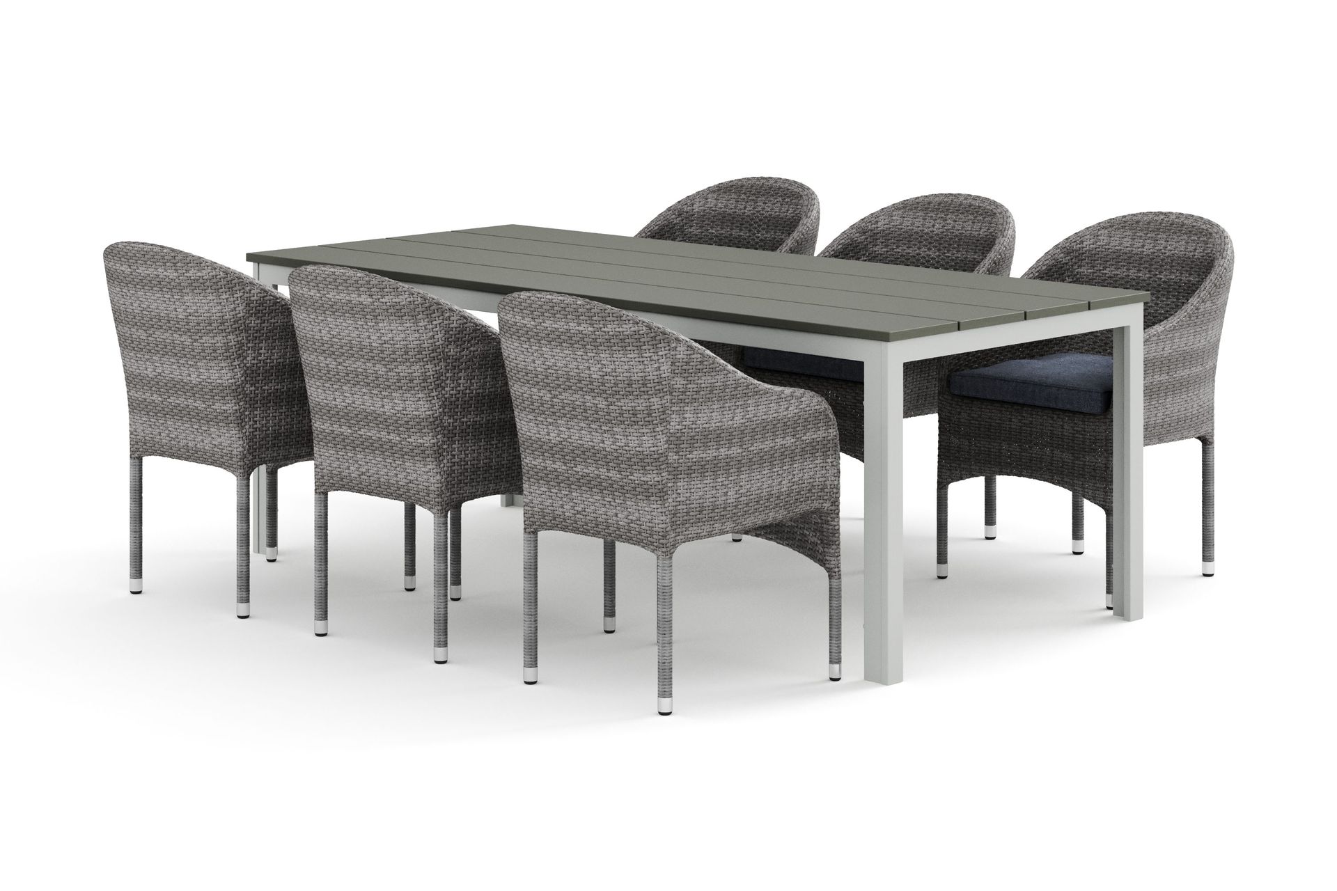 Tunis utomhus matgrupp 205x90 cm med 6 Thor f&aring;t&ouml;ljer - Vit/Gr&aring;