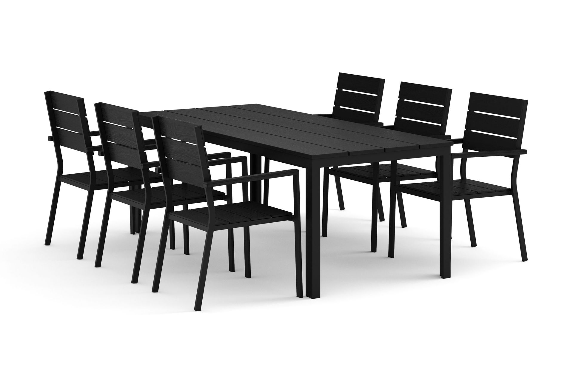 Tunis utomhus matgrupp 205x90 cm med 6 Tunis stapelstolar - Svart/Svart