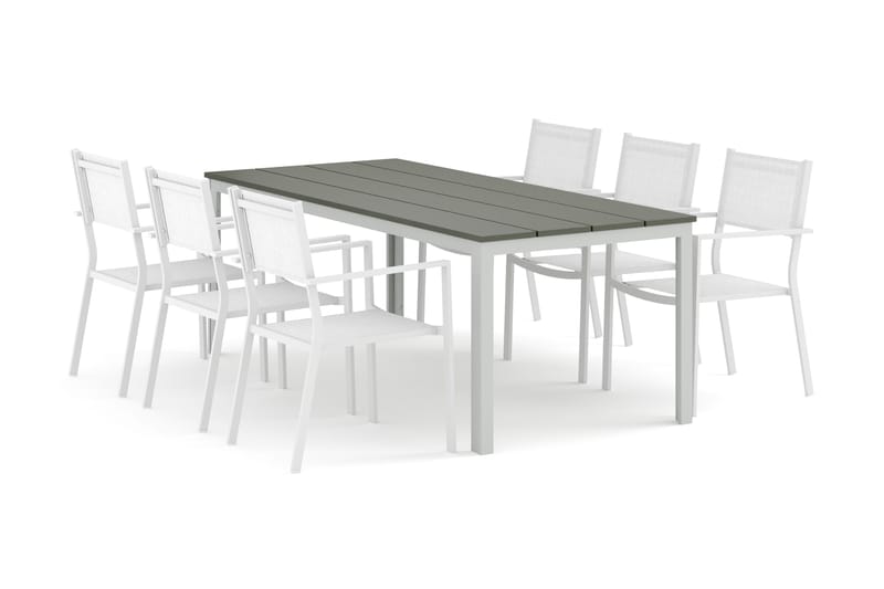 Tunis utomhus matgrupp 205x90 cm med 6 Tunis stapelstolar, Vit/Grå