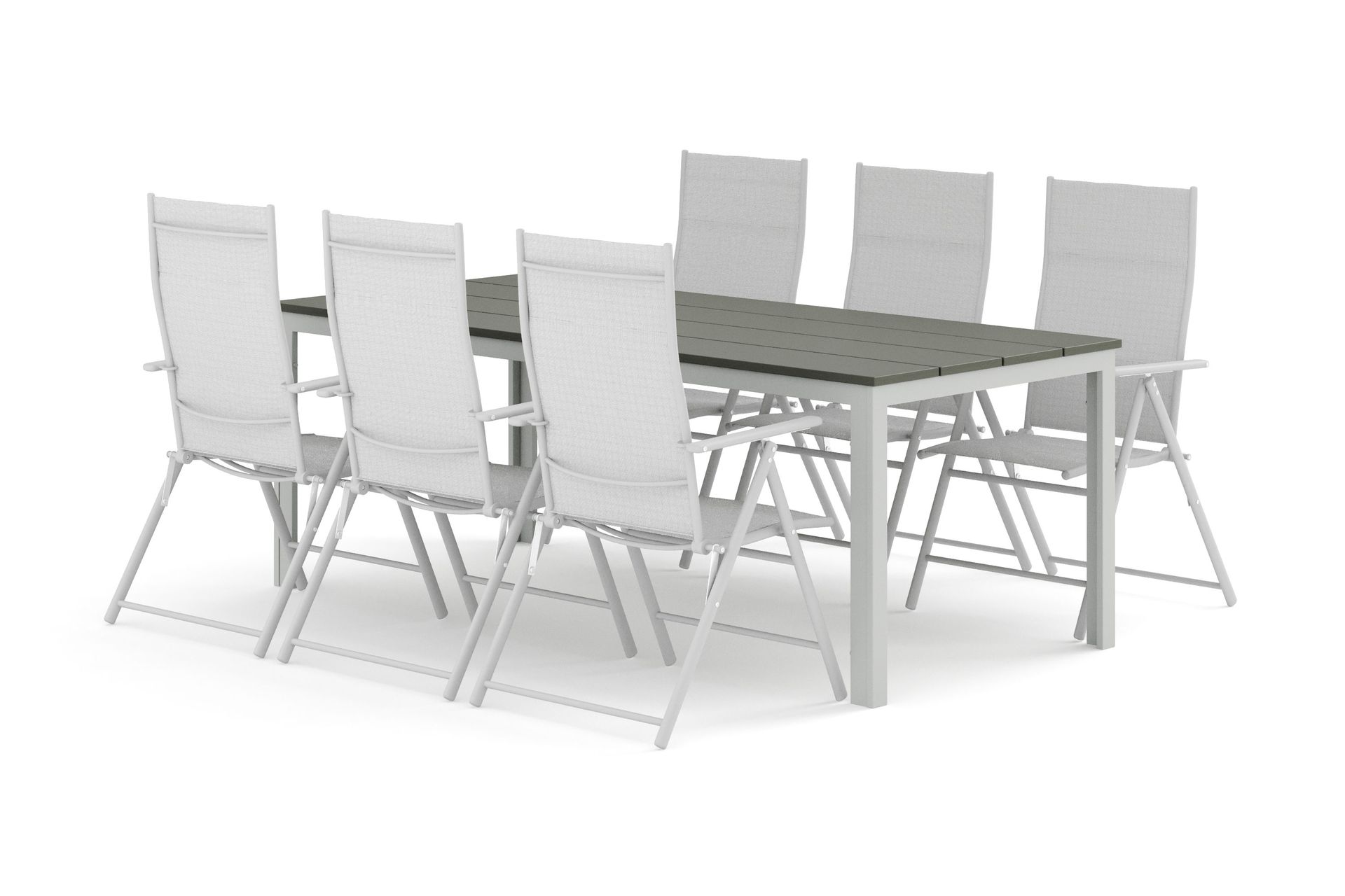 Tunis utomhus matgrupp 205x90 cm med 6 positionsstolar - Vit/Gr&aring;