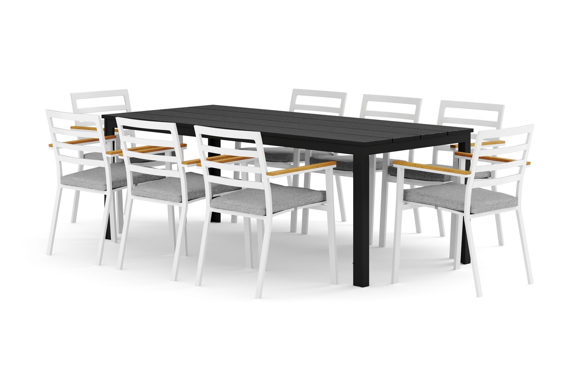 tunis utomhus matgrupp 205x90 cm med 8 oliver karmstolar med dyna - svart/svart