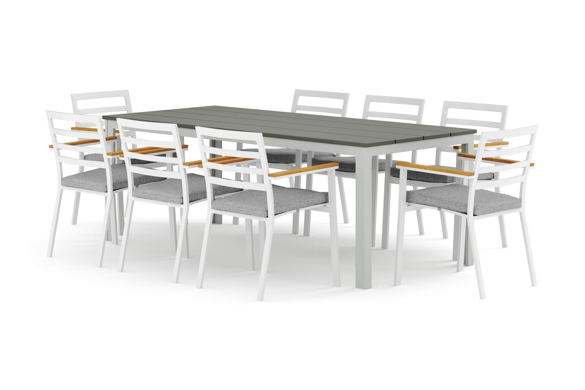 Tunis utomhus matgrupp 205x90 cm med 8 Oliver karmstolar med dyna - Vit/Gr&aring;