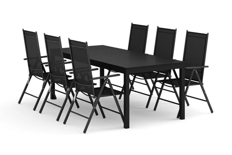 Tunis utomhus matgrupp förlängningsbart 205/305x90 cm med 6 Maggie positionsstolar, Svart/Svart