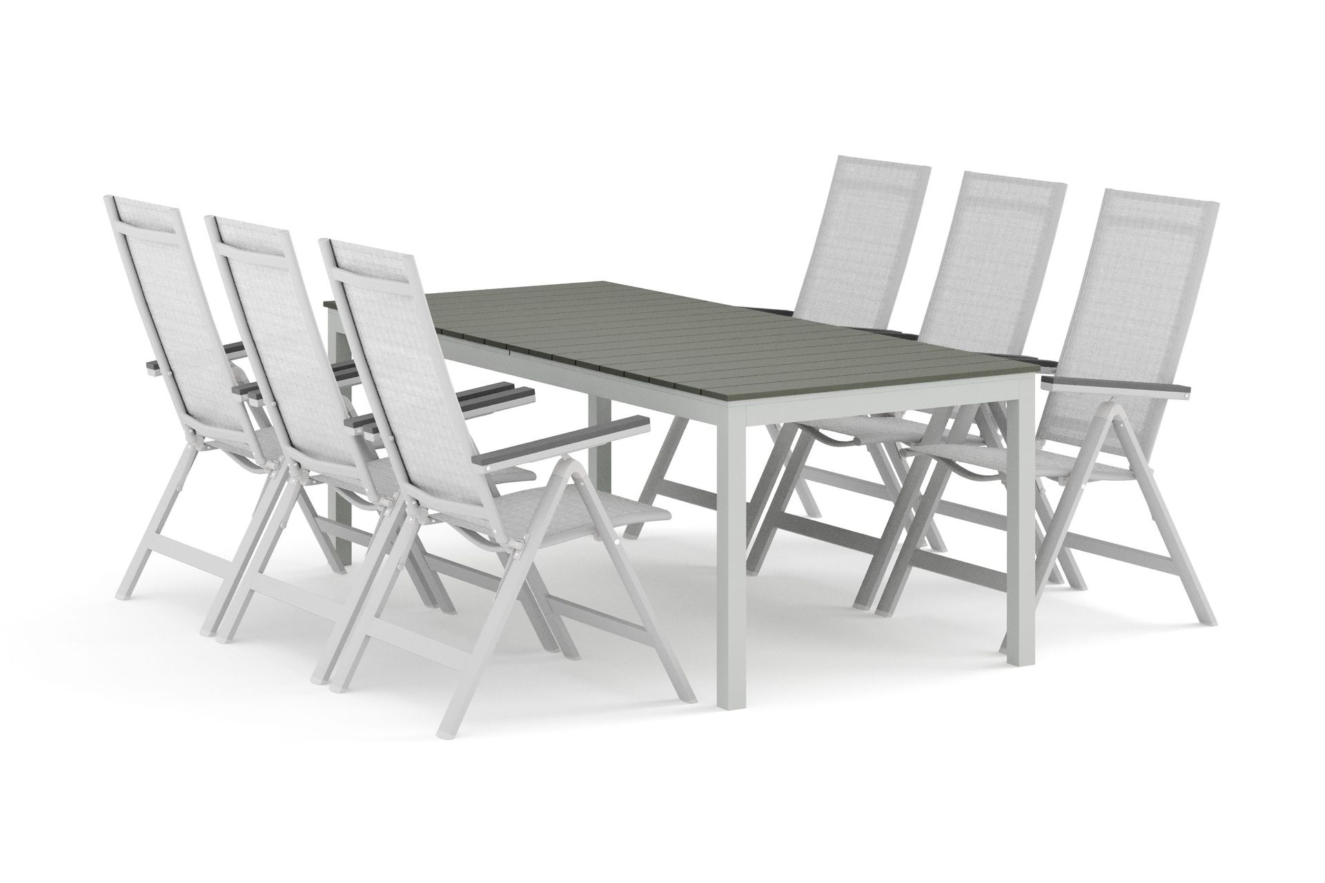 tunis utomhus matgrupp förlängningsbart 205/305x90 cm med 6 monaco light positionsstolar - vit/grå