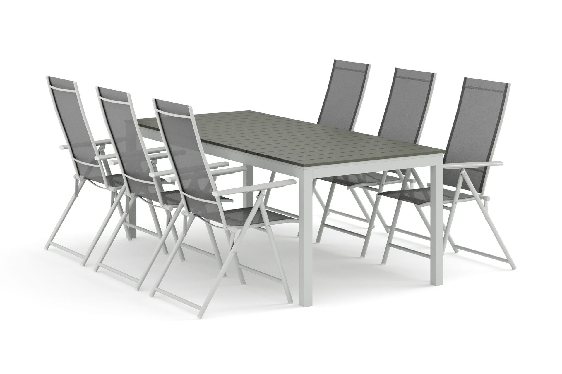 Tunis utomhus matgrupp f&ouml;rl&auml;ngningsbart 205/305x90 cm med 6 Sanna positionsstolar - Vit/Gr&aring;