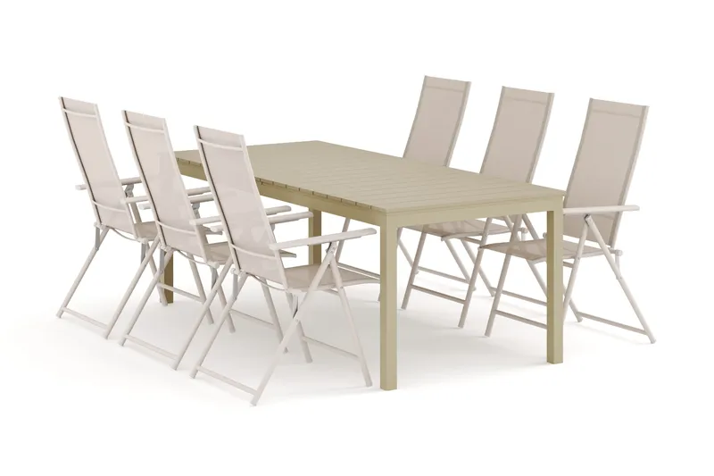 Tunis utomhus matgrupp förlängningsbart 205/305x90 cm med 6 Sanna positionsstolar, Beige/Beige