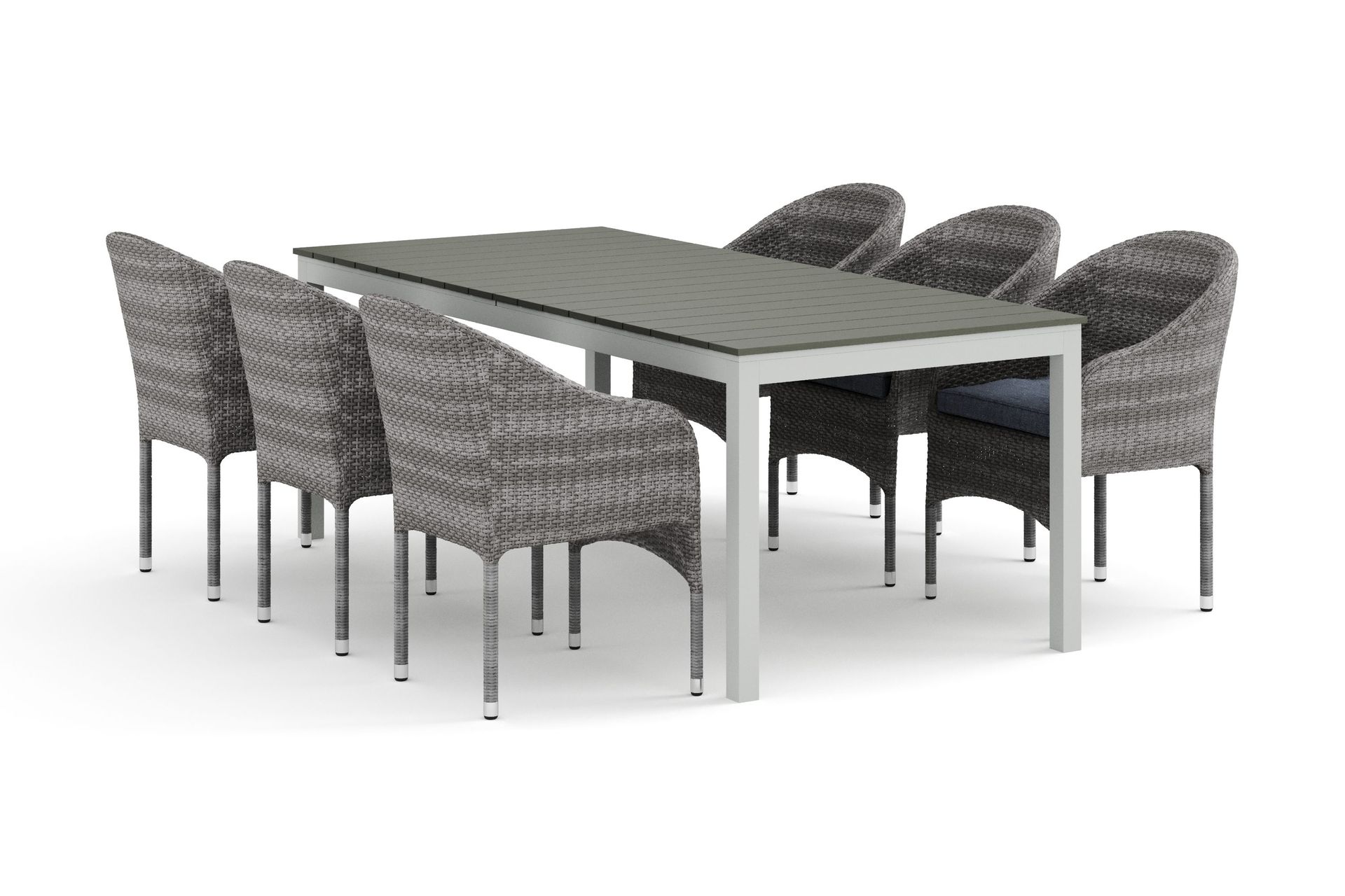 tunis utomhus matgrupp förlängningsbart 205/305x90 cm med 6 thor fåtöljer - vit/grå