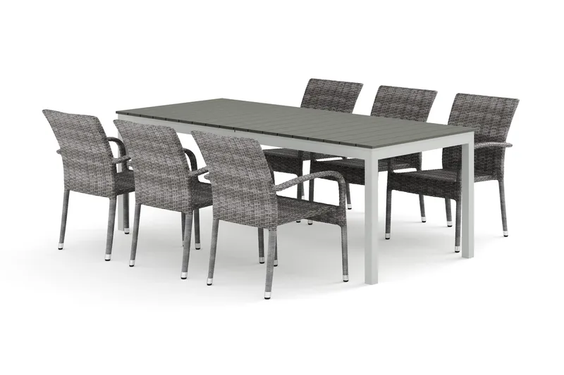 Tunis utomhus matgrupp förlängningsbart 205/305x90 cm med 6 Thor Light utefåtöljer, Vit/Grå