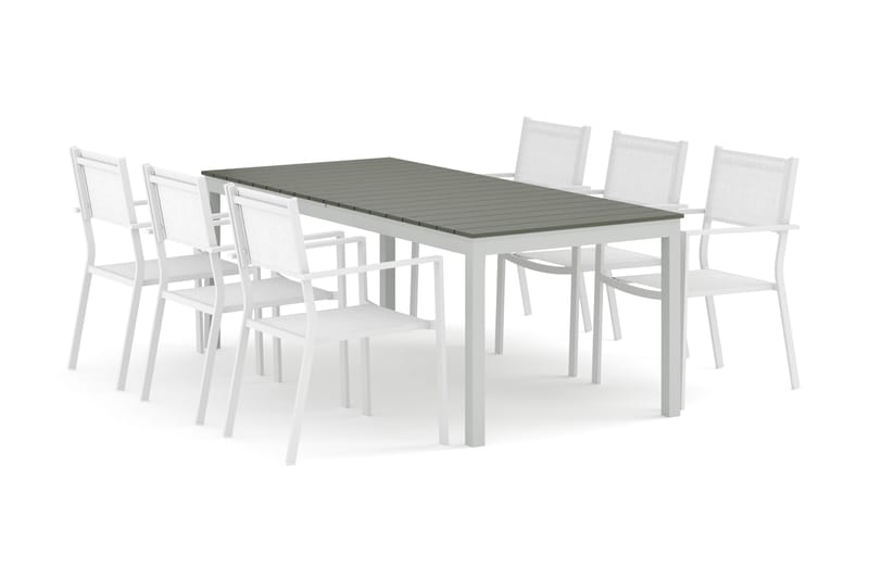 Tunis utomhus matgrupp förlängningsbart 205/305x90 cm med 6 Tunis stapelstolar, Vit/Grå
