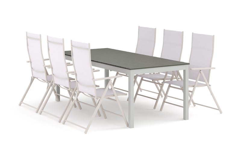 Tunis utomhus matgrupp förlängningsbart 205/305x90 cm med 6 positionsstolar, Vit/Grå