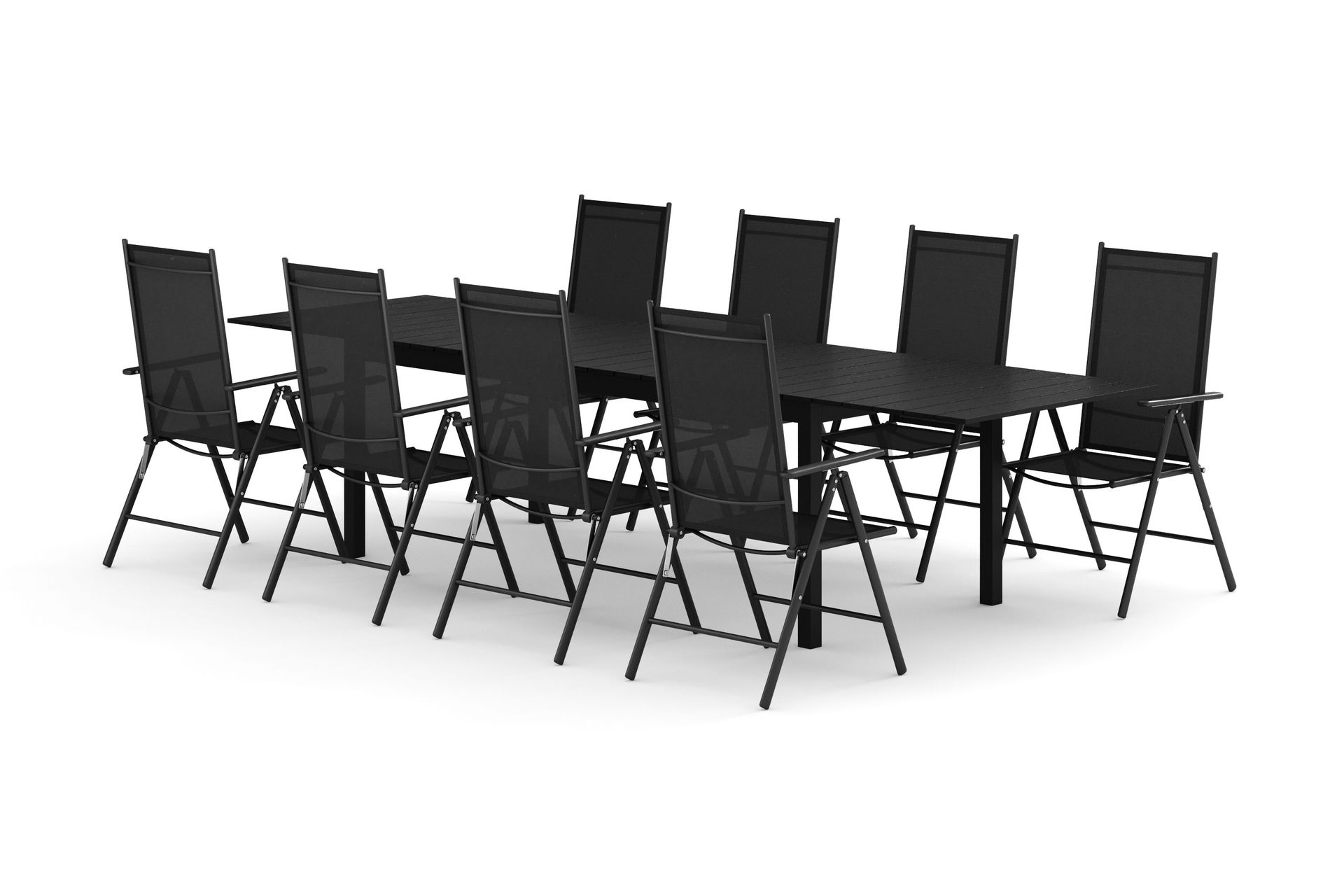 Tunis utomhus matgrupp f&ouml;rl&auml;ngningsbart 205/305x90 cm med 8 Maggie positionsstolar - Svart/Svart