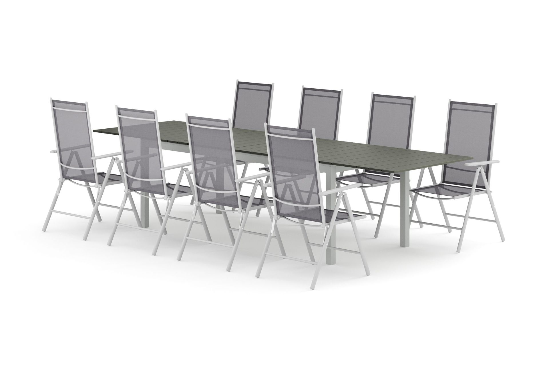 Tunis utomhus matgrupp f&ouml;rl&auml;ngningsbart 205/305x90 cm med 8 Maggie positionsstolar - Vit/Gr&aring;