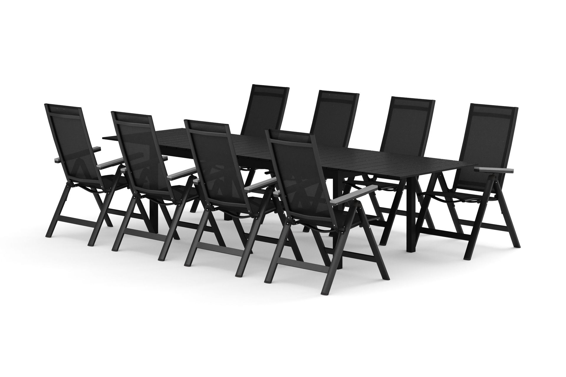 Tunis utomhus matgrupp f&ouml;rl&auml;ngningsbart 205/305x90 cm med 8 Monaco Light positionsstolar - Svart/Svart