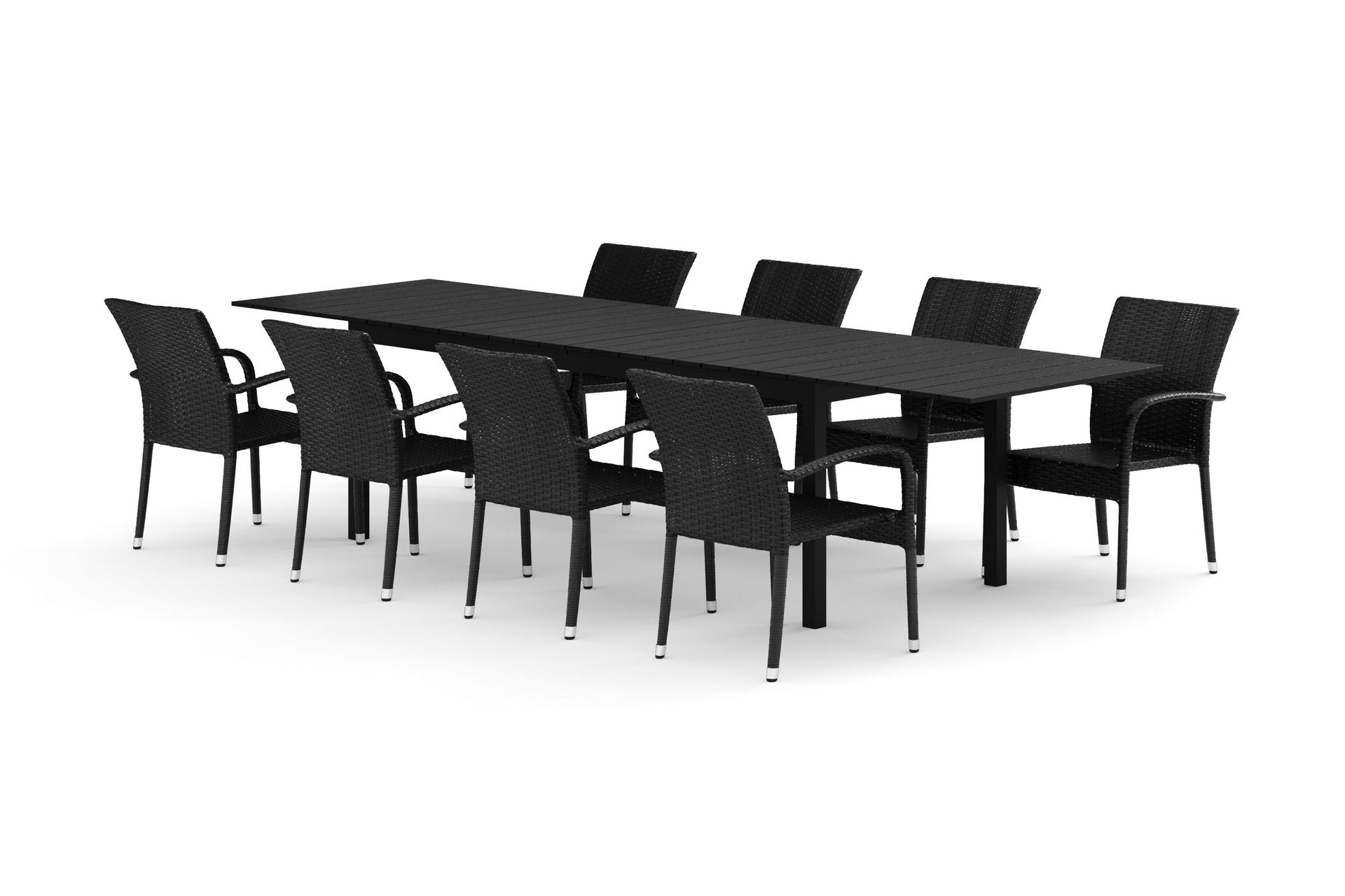 Tunis utomhus matgrupp f&ouml;rl&auml;ngningsbart 205/305x90 cm med 8 Thor Light utef&aring;t&ouml;ljer - Svart/Svart