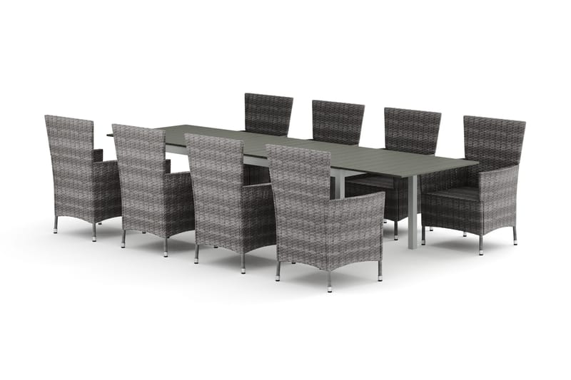 Tunis utomhus matgrupp förlängningsbart 205/305x90 cm med 8 Thor utefåtöljer, Vit/Grå