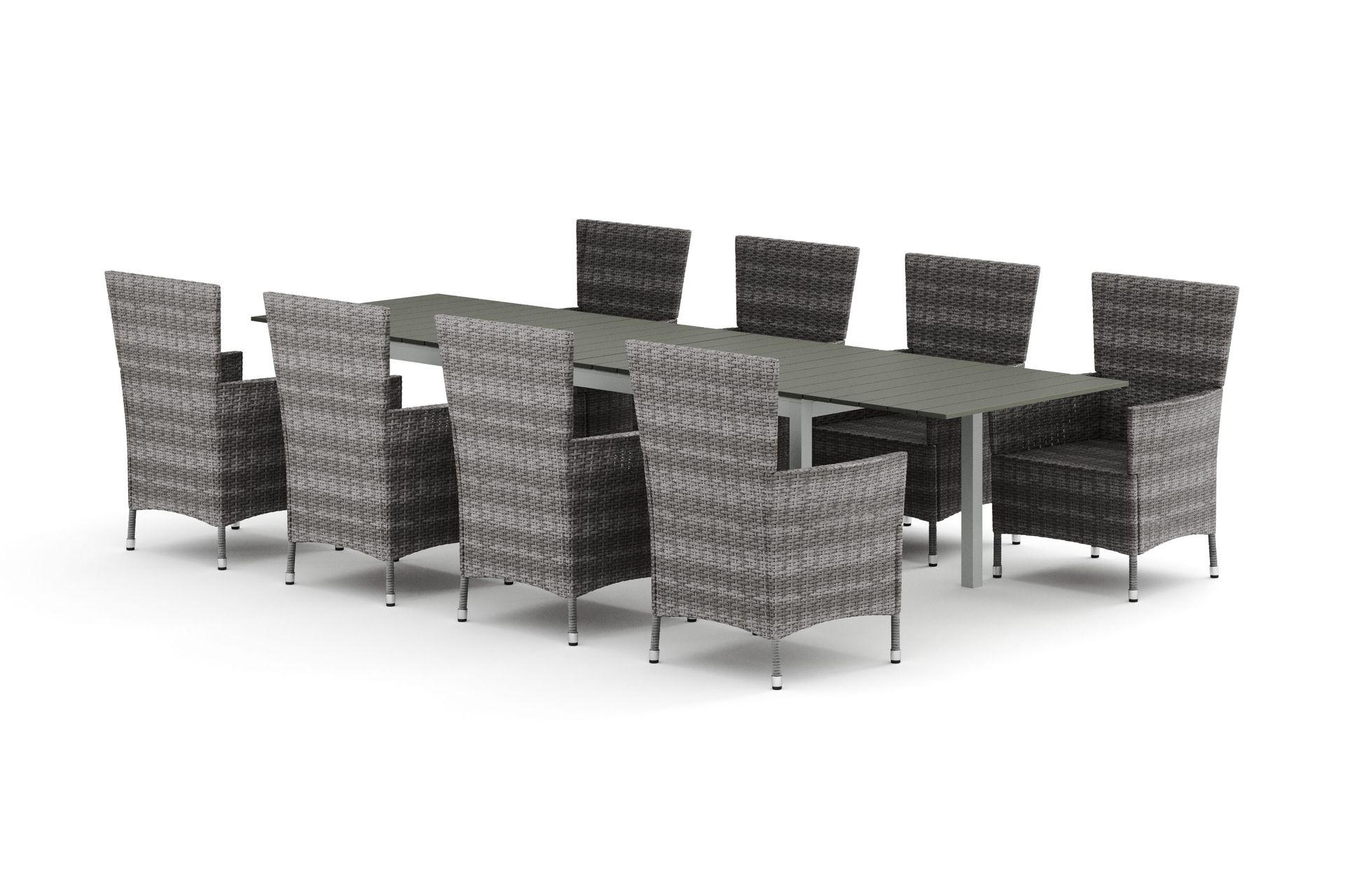 Tunis utomhus matgrupp f&ouml;rl&auml;ngningsbart 205/305x90 cm med 8 Thor utef&aring;t&ouml;ljer - Vit/Gr&aring;