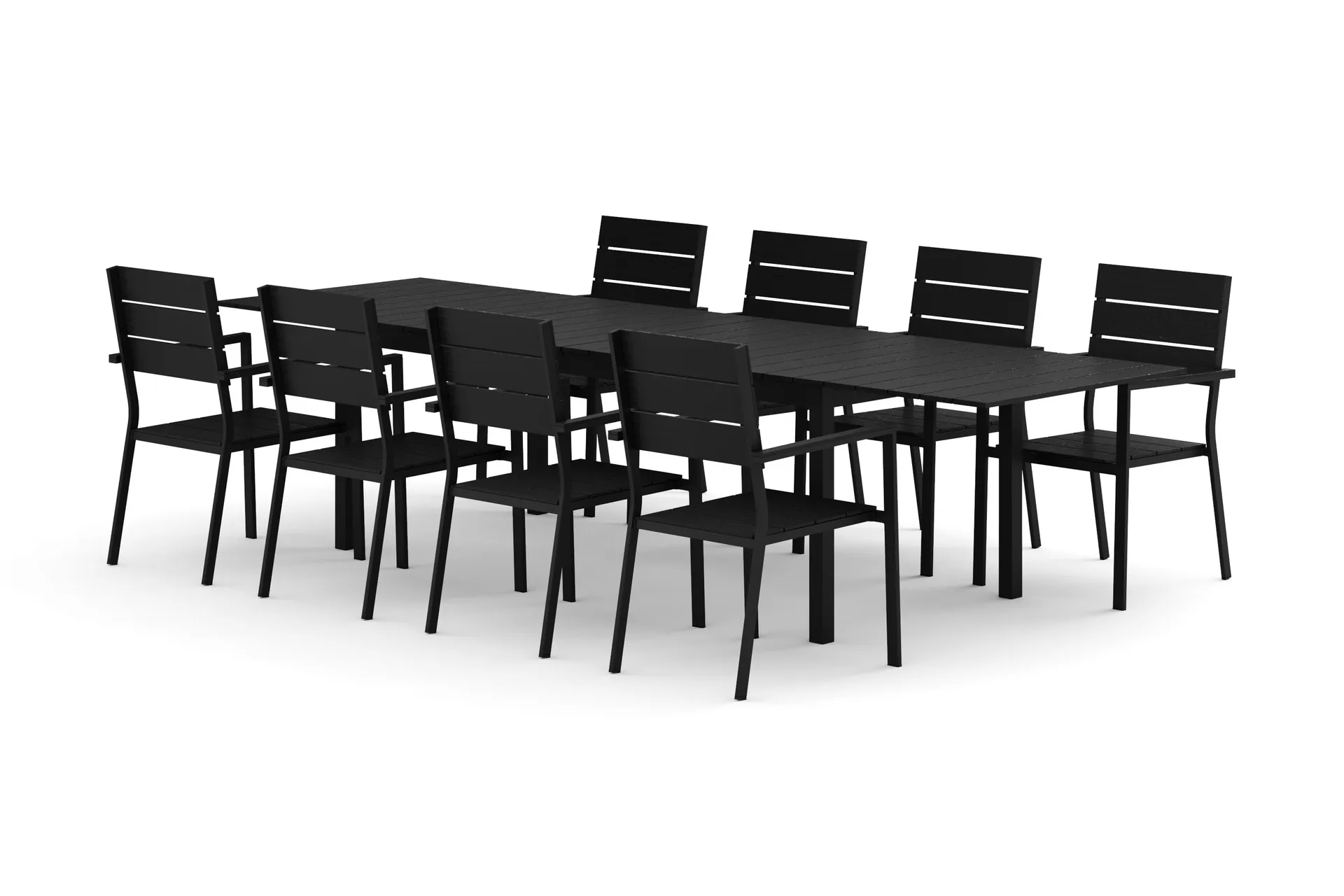 Tunis utomhus matgrupp f&ouml;rl&auml;ngningsbart 205/305x90 cm med 8 Tunis stapelstolar - Svart/Svart