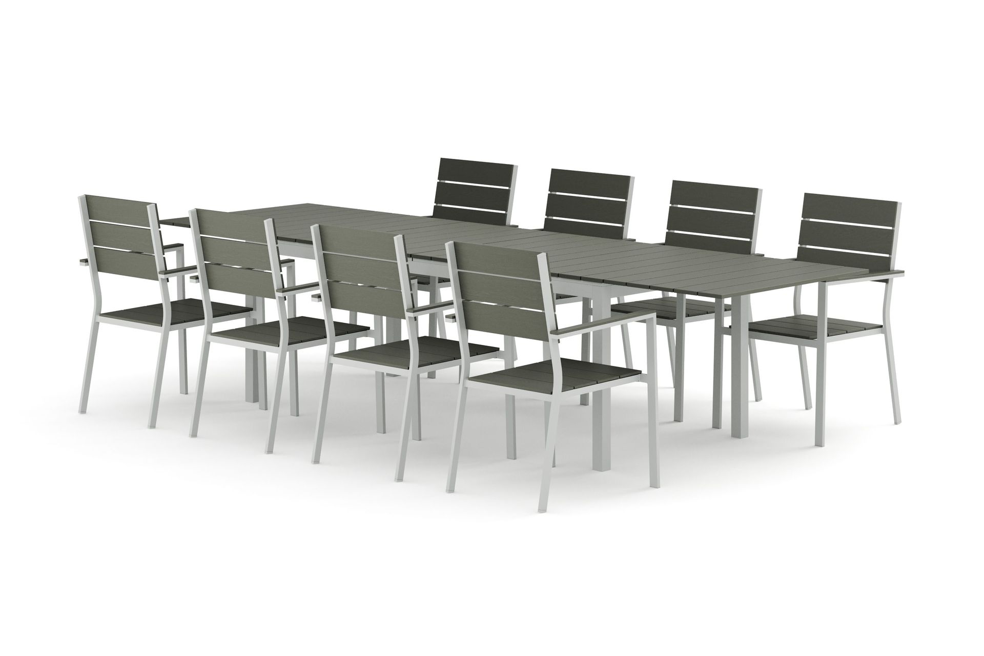 Tunis utomhus matgrupp f&ouml;rl&auml;ngningsbart 205/305x90 cm med 8 Tunis stapelstolar - Vit/Gr&aring;