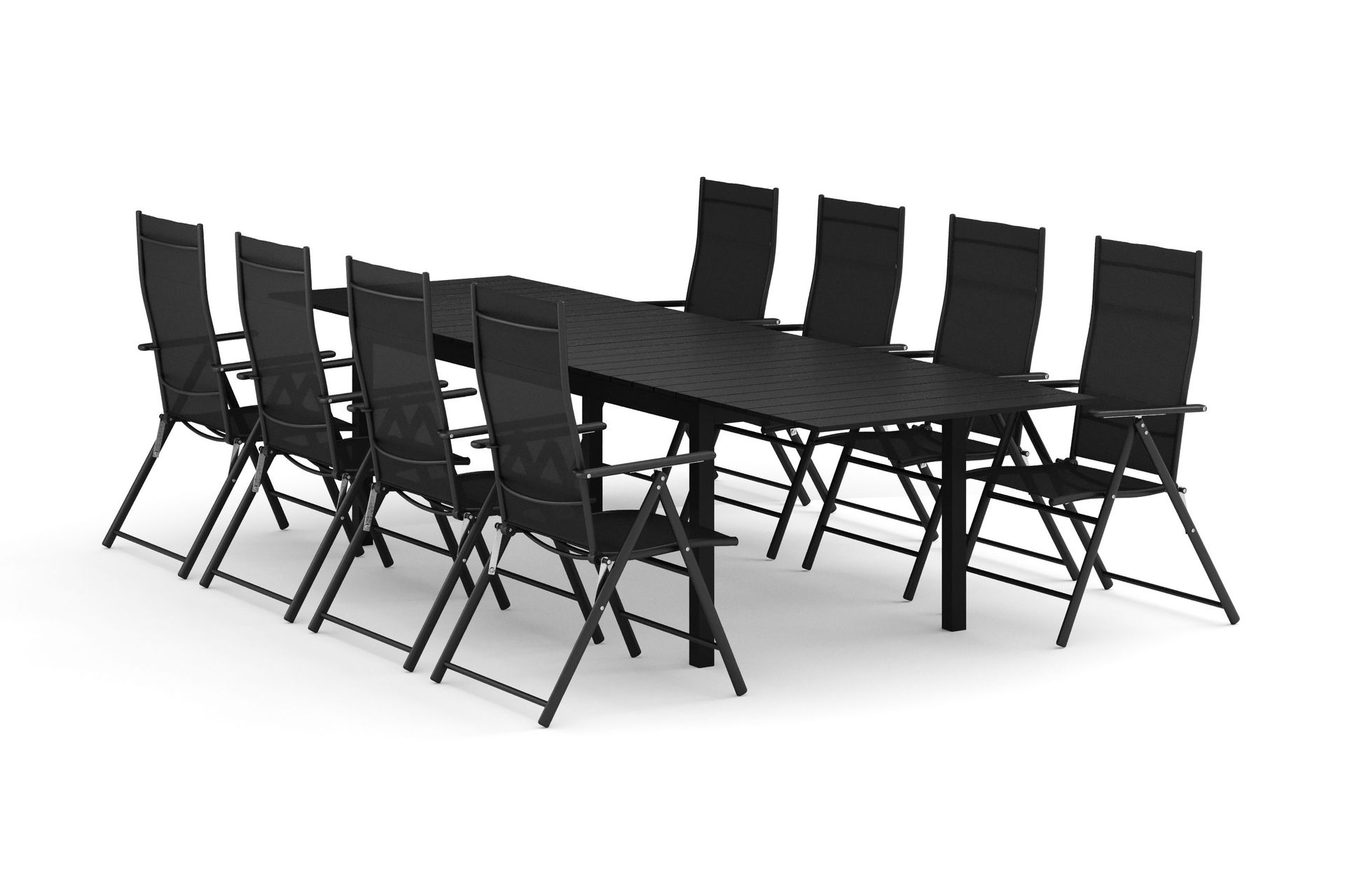 tunis utomhus matgrupp förlängningsbart 205/305x90 cm med 8 positionsstolar - svart/svart