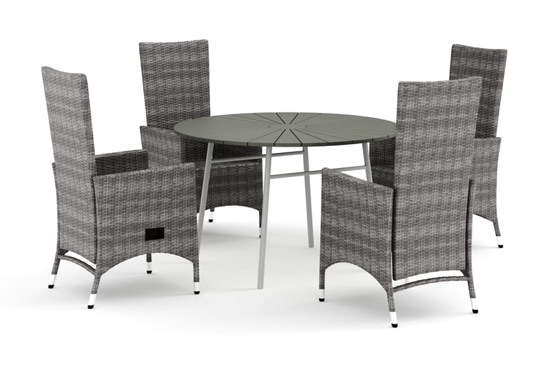Tunis utomhus rund matgrupp 120 cm med 4 Jenny matstolar, Vit/Grå