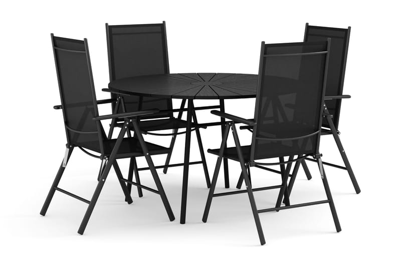 Tunis utomhus rund matgrupp 120 cm med 4 Maggie positionsstolar, Svart/Svart