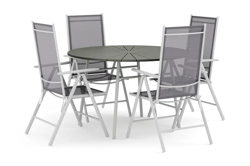 Tunis utomhus rund matgrupp 120 cm med 4 Maggie positionsstolar, Vit/Grå