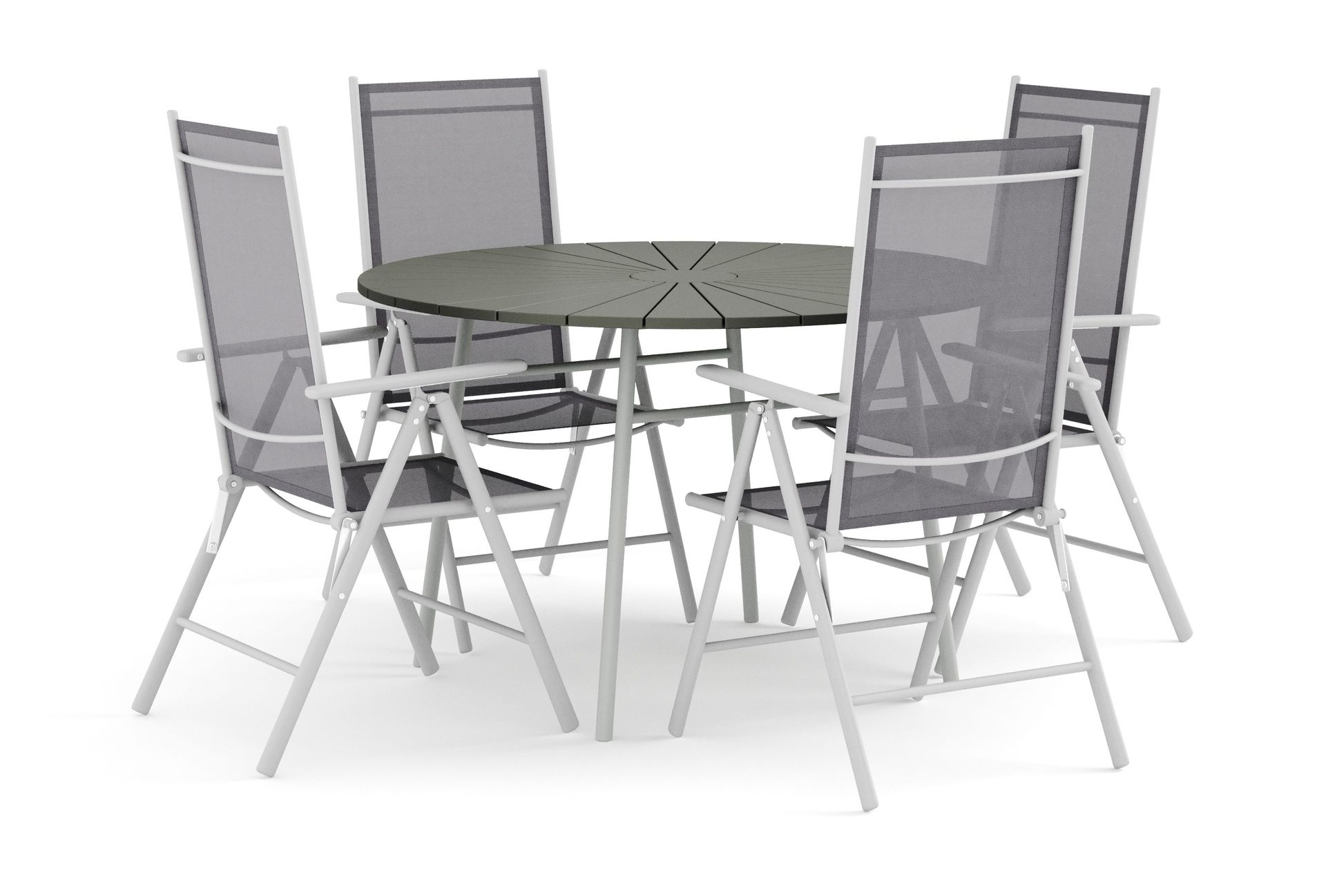 Tunis utomhus rund matgrupp 120 cm med 4 Maggie positionsstolar - Vit/Gr&aring;