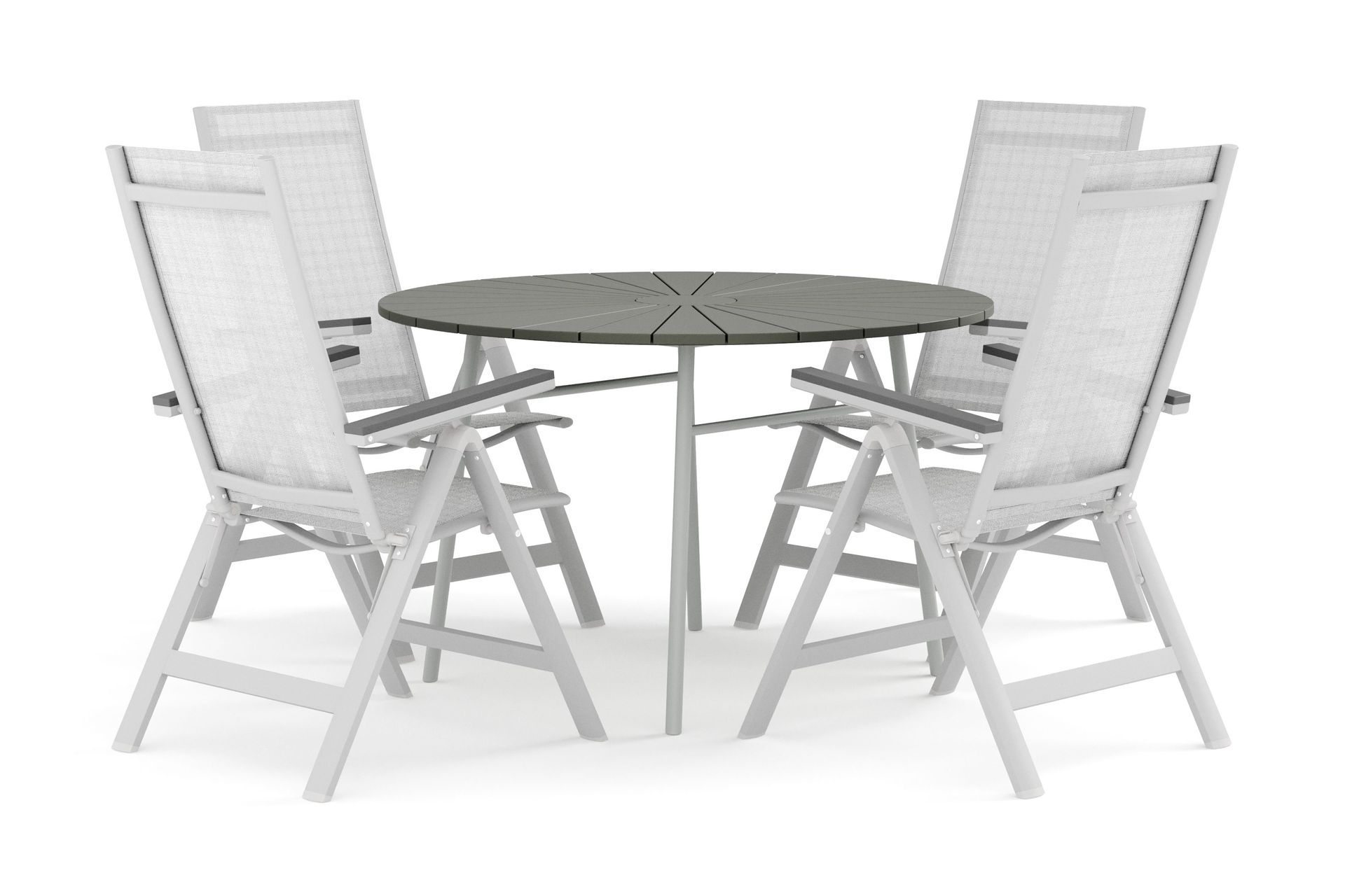 Tunis utomhus rund matgrupp 120 cm med 4 Monaco Light positionsstolar - Vit/Gr&aring;