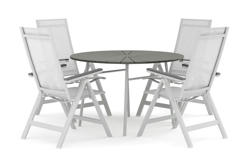 Tunis utomhus rund matgrupp 120 cm med 4 Monaco Light positionsstolar - Vit/Grå - Utemöbler - Utegrupp - Matgrupper utomhus