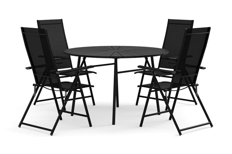 Tunis utomhus rund matgrupp 120 cm med 4 Sanna positionsstolar, Svart/Svart