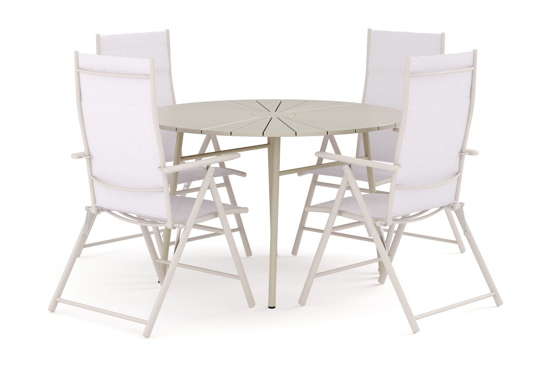 Tunis utomhus rund matgrupp 120 cm med 4 Sanna positionsstolar - Beige/Beige