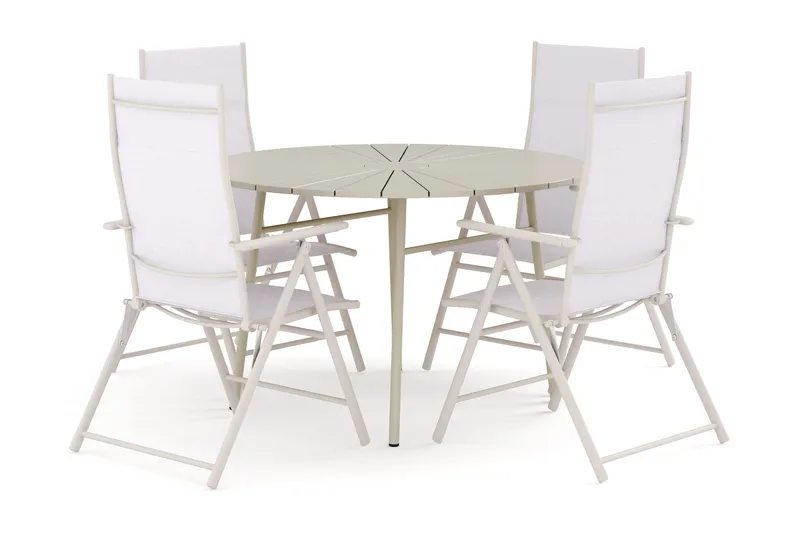 Tunis utomhus rund matgrupp 120 cm med 4 Sanna positionsstolar, Beige/Beige