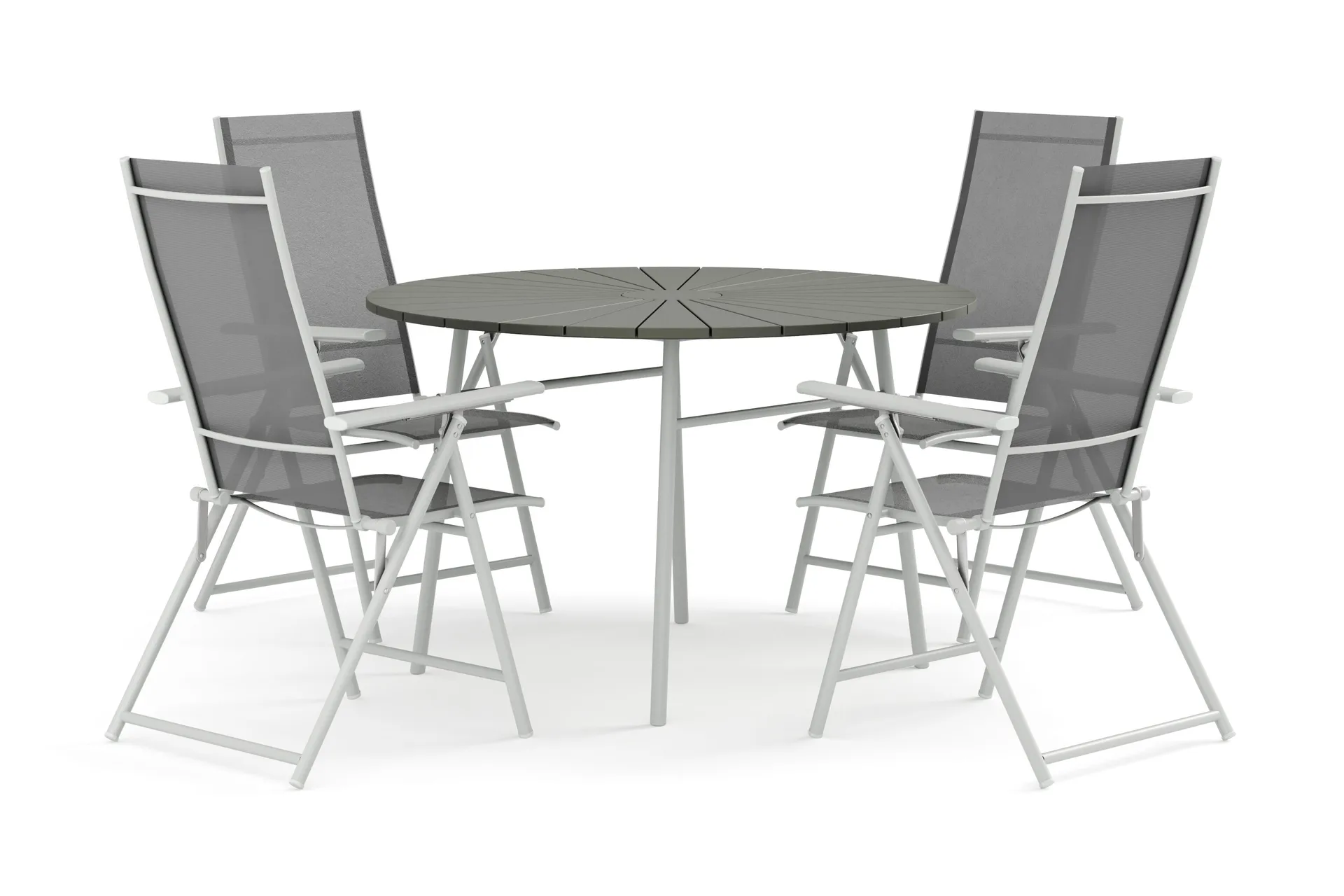 Tunis utomhus rund matgrupp 120 cm med 4 Sanna positionsstolar - Vit/Gr&aring;