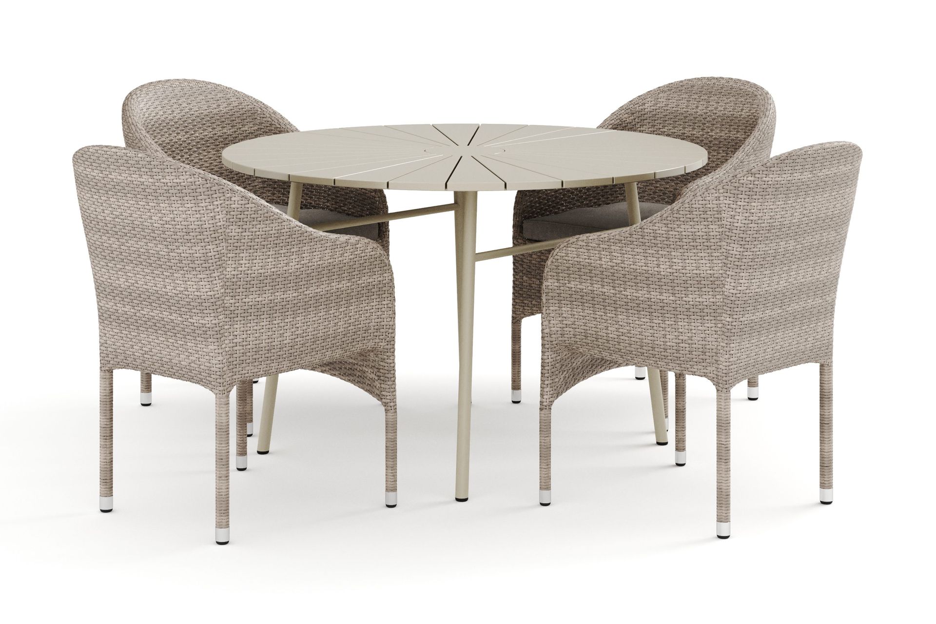 Tunis utomhus rund matgrupp 120 cm med 4 Thor f&aring;t&ouml;ljer - Beige/Beige