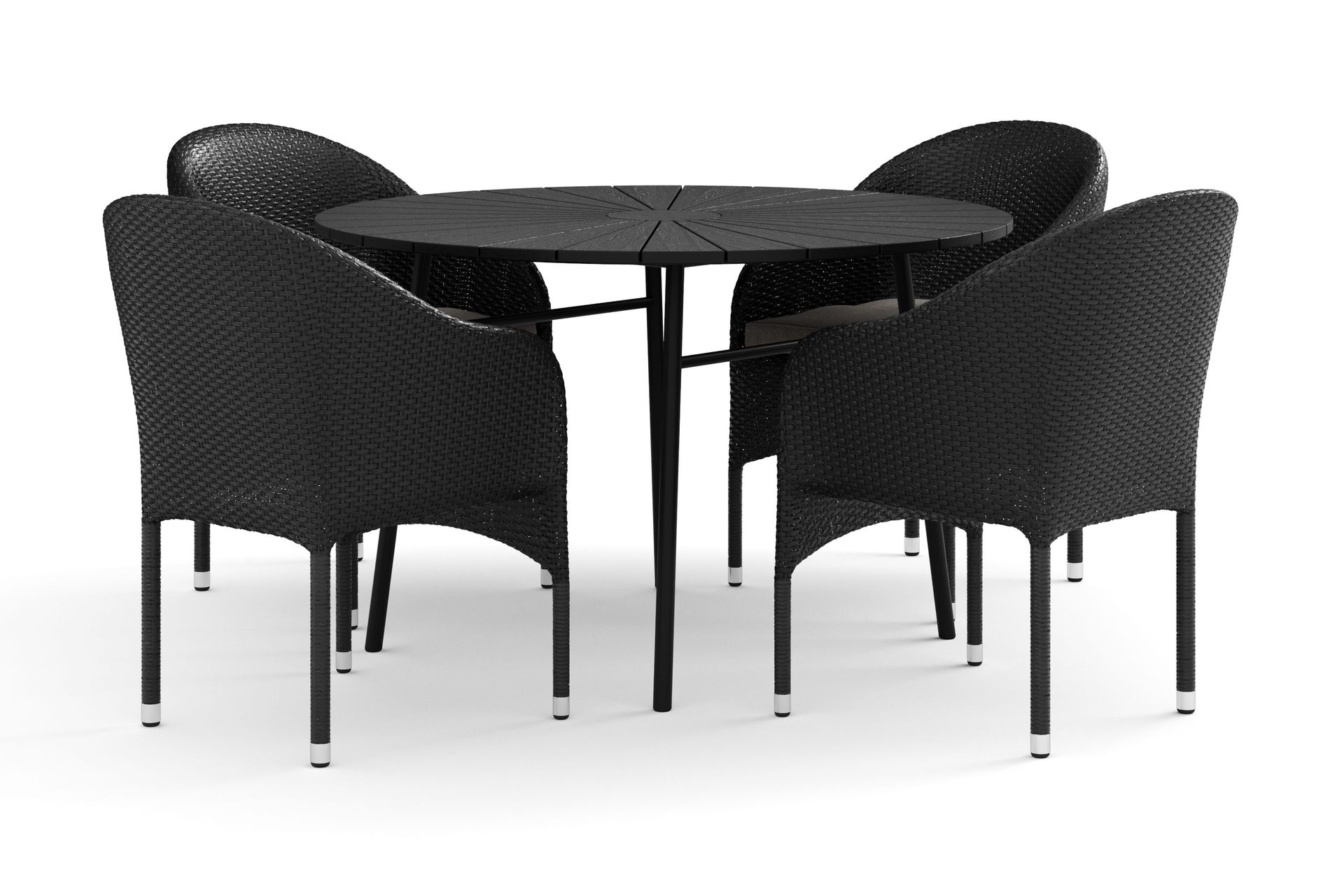 Tunis utomhus rund matgrupp 120 cm med 4 Thor f&aring;t&ouml;ljer - Svart/Svart